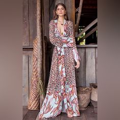 This Gorgeous Patbo Robe Dress Showcases A Muted Leopard Print Trimmed In Tropical Lily Florals. A Sash Tie Belt Closure & Button Closure (Pictured). Wear It Open, As A Cover Up Or Dress. No Matter How You Wear It, You Will Look Beautiful! Comfortably Chic! Sheer Robe, Abaya Fashion, Hippie Chic, Mixing Prints, Fashion Mode, Kimonos, Fashion Tops, Chiffon Dress, Moda Operandi