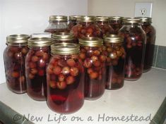 there are many jars full of food on the counter top and one is filled with grapes