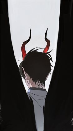 an anime character with horns on his head looking out from behind two black cloaks