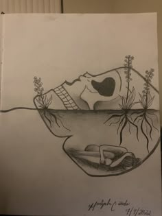 a drawing of a bowl with plants in it and a heart on the top, surrounded by leaves