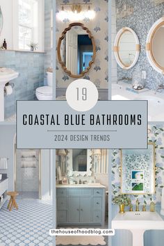 coastal blue bathroom designs with text overlay that reads 19 coastal blue bathrooms