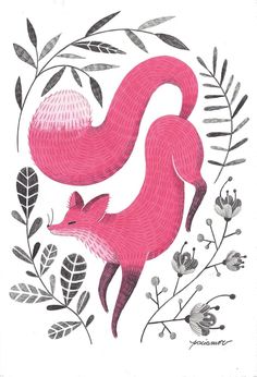 a drawing of a pink fox surrounded by leaves