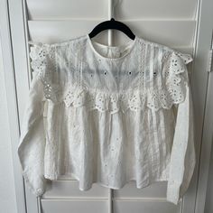 100% Cotton Blouse For Kids! Sz 9 Cute White Zara Blouse, Cute White Blouse For Brunch, Cute White Blouse With Lace Trim, Off White Cotton Top With Lace Trim, Zara White Broderie Anglaise Tops, Zara White Long Sleeve Blouse, White Ruffled Blouse By Zara, Zara White Tops With Broderie Anglaise, Casual White Blouse With Broderie Anglaise