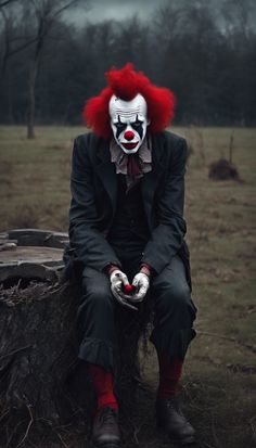 a clown sitting on top of a tree stump in the middle of a field with red hair