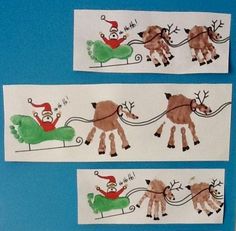 three handprints depicting santa's sleigh ride and reindeer pulling the sleigh