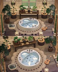 two jacuzzi tubs sitting on top of a wooden floor next to potted plants