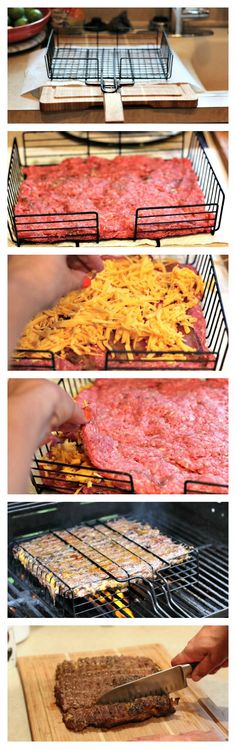 several different types of food being cooked on grills