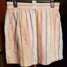 New With Tags Ann Taylor Loft Outlet Pastel Striped Lined Skirt Sz Medium Waist Stretches 32-35 Inches, Full Elastic Around Length Is 18 Inches Spring Striped Mini Skirt, Striped Mini Skirt For Spring, Multicolor Skirt With Pockets For Spring, Casual Striped Mini Skirt For Summer, Short Striped Skirt For Spring, Casual Multicolor Short Mini Skirt, Multicolor Cotton Skirt For Day Out, Casual Multicolor Short Skirt, Striped Skirt With Pockets For Summer