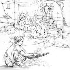 a black and white drawing of people working in a pottery shop with pots on the floor