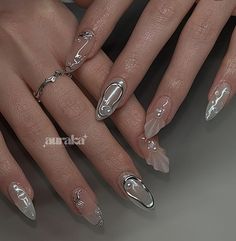 Firework Nails, Silver Nail Designs, Mermaid Nails, Pretty Gel Nails, Pearl Nails, Metallic Nails, Oval Nails, Clear Nails, Beach Nails