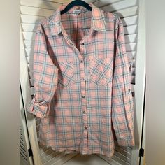 Nwot White Birch Button Down Shirt Trendy Collared Flannel Shirt With Buttons, Spring Button-up Flannel Shirt With Button Closure, Casual Pink Button-up Flannel Shirt, High Low Shirt, Oversized Button Down Shirt, White Birch, Boat Neck Tops, Western Boho, Bell Sleeve Blouse