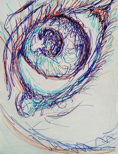 a drawing of an eye is shown in blue, orange and red ink on white paper