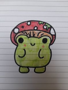 a drawing of a green monster with a red hat