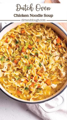 chicken noodle soup in a pot with the title overlay