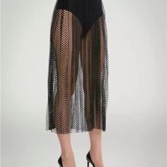 New Wolford Fading Net Midi Skirt Black Pleated Mesh Elastic Waist Nwt $370.00 Original Price Beautifully Detailed Mesh And Net Pleated Skirt With Elastic Waistband 2" Wide Size S All Measurements Are Taken Flat Across And Are Approximate Waist 14" Length 34" 100% Polyester Machine Wash Evening Sheer High-waist Bottoms, Sheer High Waist Bottoms For Evening, Spring Evening Skirt Bottoms, Stretch Pleated Skirt Bottoms For Club, Sheer Mini Skirt For Night Out, Sheer Long Skirt For Evening, Summer Fishnet Bottoms, Black Stretch Sheer Skirt, Fitted Stretch Black Sheer Skirt