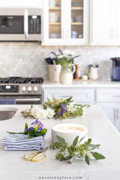 the kitchen counter is clean and ready to be used as a centerpiece for decor