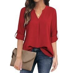 Fantaslook Womens Blouses 3/4 Cuffed Sleeve V Neck Work Shirts Dressy Tops Chiffon Office Wear This blouses for women is lightweight, flowy, skin-friendly, comfortable to wear. The womens tops features with v neck, 3/4 cuffed sleeve, pleated front, solid color chiffon dressy tops, long sleeve shirts for women is a lightweight chiffon fabric for the good functional and feeling, business casual tops for women is the perfect year-round essential. This dressy tops for women will be your go-to! It is Three Quarter Sleeve Blouses, Simple Blouse, Elegant Blouses, V Neck Blouse, Clothing Size Chart, Womens Clothing Sizes, Casual Blouse, Plus Size Casual, Three Quarter Sleeves