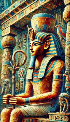 an ancient egyptian statue is shown in this painting