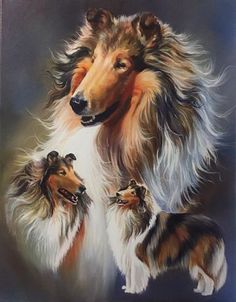 an oil painting of two dogs with one dog looking at the other while standing in front of it