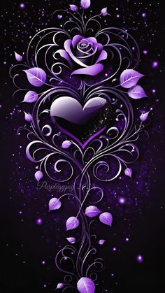 purple roses and hearts on a black background