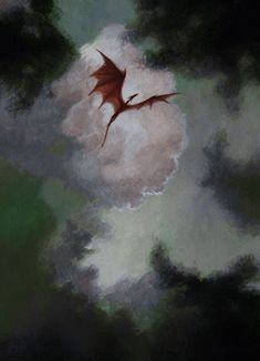 a painting of a red dragon flying through the sky with clouds in the foreground