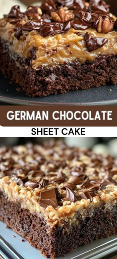 german chocolate sheet cake on a cooling rack and before and after it has been baked