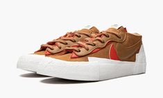 The sacai x Nike Blazer Low “British Tan” is an August 2021 collaboration between the Japanese high fashion brand and Nike on the low-top retro basketball shoe.  Succeeding sacai's and Nike’s first round of Blazer Low colorways, the “Magma Orange” and “Classic Green” from June 2021, the “British Tan” runs back the collaboration with a neutral, tan suede construction, a deviation in design from the leather base featured on the aforementioned styles.  The “British Tan” features a tan suede upper. Blazers Nike, Chitose Abe, Nike X Travis Scott, Nike Blazer Low, High Fashion Branding, Retro Basketball Shoes, Low Air Jordan 1, Retro Basketball, Blazer Low