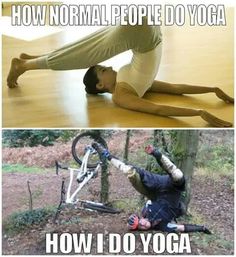 two pictures one with a man doing yoga and the other with a bicycle