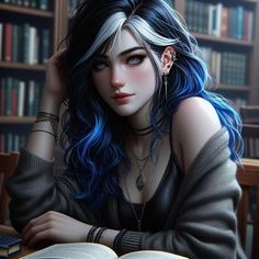 a woman with blue hair sitting at a table in front of a bookshelf