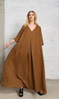 Mid-sleeved Maxi Dress With Inverted Pleat A92135 | Etsy Czech Republic Elegant Oversized V-neck Maxi Dress, Beige Pleated V-neck Maxi Dress, Relaxed Fit V-neck Maxi Dress, Floor-length Maxi Dress With Pleated Waist For Spring, Spring Floor-length Maxi Dress With Pleated Waist, Spring Floor-length Pleated Maxi Dress, Floor-length Summer Dresses With Pleated Waist, Summer Floor-length Dresses With Pleated Waist, Spring Linen Pleated Dress