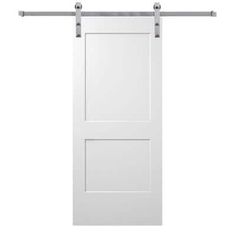 an open white door with two metal bars on the top and bottom, against a white background