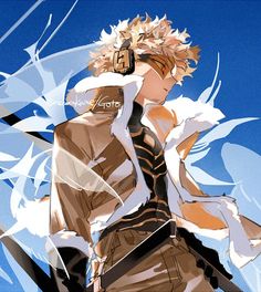 an anime character is standing in front of the blue sky with white feathers on his head