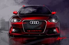 the front end of a red car on a dark background with an artistic effect to it