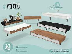 an advertisement for the new furniture line from athena, which is available in multiple colors and sizes