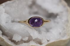 14K Solid Gold East West Oval Amethyst Bezel Ring, 10K Gold, Rose-Cut Stone, Purple Stone, Febuary Birthstone, Signet Ring, Bezel Ring Formal Gold Amethyst Ring With Bezel Setting, Gold Amethyst Birthstone Ring With Bezel Setting, Oval Bezel Set Amethyst Heirloom Ring, Heirloom 14k Gold Amethyst Ring With Bezel Setting, Purple 14k Gold Amethyst Bezel Setting Ring, Bezel Ring, Amethyst Gem, East West, Purple Stones