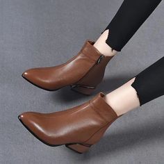 Eco-Friendly Designer Zipper Pointy Ankle Boots Low Heel Ankle Boots, Casual Ankle Boots, Low Heel Boots, High Heel Slippers, Boots Women Fashion, Thick Heel, Genuine Leather Shoes, Martin Boots, Fabulous Shoes