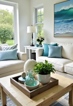 Coastal Style Decorating ideas, Coastal Style Decorating Painting Of Ocean, Dreamy Interiors, Patterned Pillows, Sofa Blue, White Sofa, Light Blue Rug, Coastal Retreat