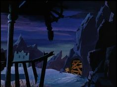 an animated scene of a snow covered mountain with a gate in the foreground and a castle in the background