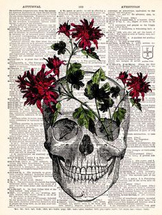 a skull with flowers in it's head on top of an old book page