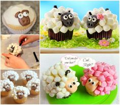 some cupcakes are decorated to look like sheep