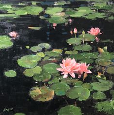 a painting of water lilies and lily pads