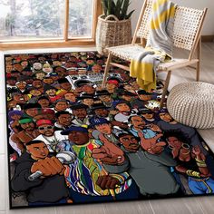 a rug with the image of black men on it in front of a chair and potted plant