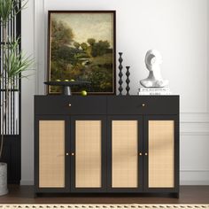 a black cabinet with bamboo doors in a living room next to a potted plant