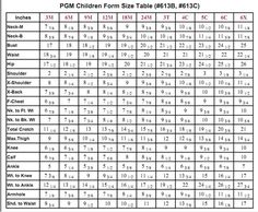 the printable table for children's sizes and measurements, with numbers on each side