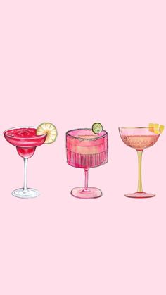 three different types of cocktails on a pink background