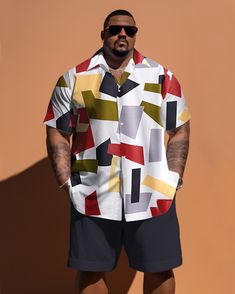 This shirt features solid color patchwork, geometric shapes, and checkered elements that are versatile and stylish. The shirt is usually designed with a lapel collar, which can be worn with a tie or an open collar according to personal preference. The cuffs of the shirt are usually designed with buttons that can be adjusted as needed. There are many patterns to choose from for this type of shirt, such as classic plaid, English plaid, diamond plaid, geometric stripes, and more. A men's short-slee White Retro Patchwork Shirt, Modern Multicolor Collared Shirt, Retro White Patchwork Shirt, White Shirt With Geometric Pattern For Summer, White Collared Shirt With Geometric Pattern, Summer Collared Shirt With Geometric Pattern, Casual Shirt With Geometric Pattern And Spread Collar, Retro Shirt With Geometric Pattern For Summer, Retro Summer Shirt With Geometric Pattern