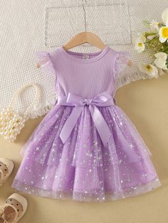 Baby Contrast Star Mesh Ruffle Trim Belted DressI discovered amazing products on SHEIN.com, come check them out! Vestido Color Lila, Baby Dress Clothes, Basic Dress Pattern, Girl Dress Pattern, Purple Collar, Purple Party, Mauve Purple