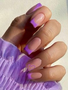 Nails That Are Trending, Colored Nail With French Tip, Purple French Manicure Nails, Ongles Violet Pastel, Purple Glitter French Tip Nails, French Tip Nails Purple, Purple Nails French Tip, Purple Nails French, Purple Square Nails