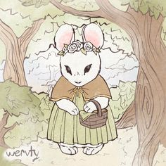 a drawing of a rabbit in a dress holding a basket under a tree with leaves on it