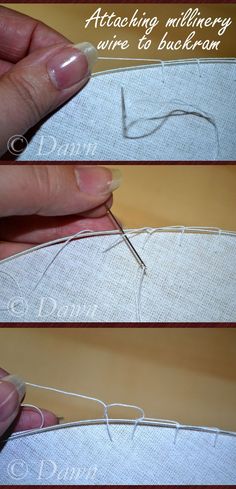 How to attach wire to buckram if you're making your own hat #millinery Blog has step-by-step photos with technique. Millinery Diy, Make Your Own Hat, Sewing Hats, Mad Hatter Hat, Hat Tutorial, Diy Hat, Hat Ideas, Millinery Hats